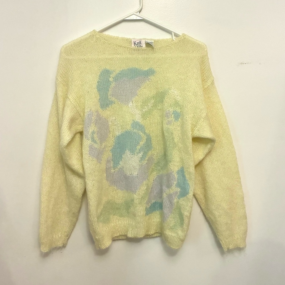 Vintage Butter Yellow Sweater with Pastel Design Knit deVille size small